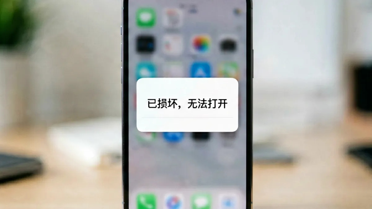 iOS设备屏幕上显示绿巨人app证书已损坏无法打开的系统弹窗提示特写
