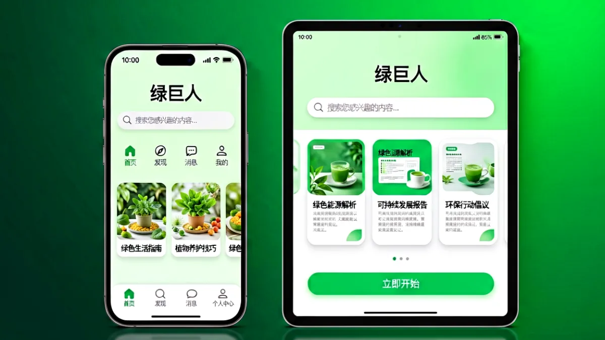 绿巨人app门户首页主视觉：深绿色渐变背景上展示多端界面截图与下载入口，凸显简洁现代的产品形象