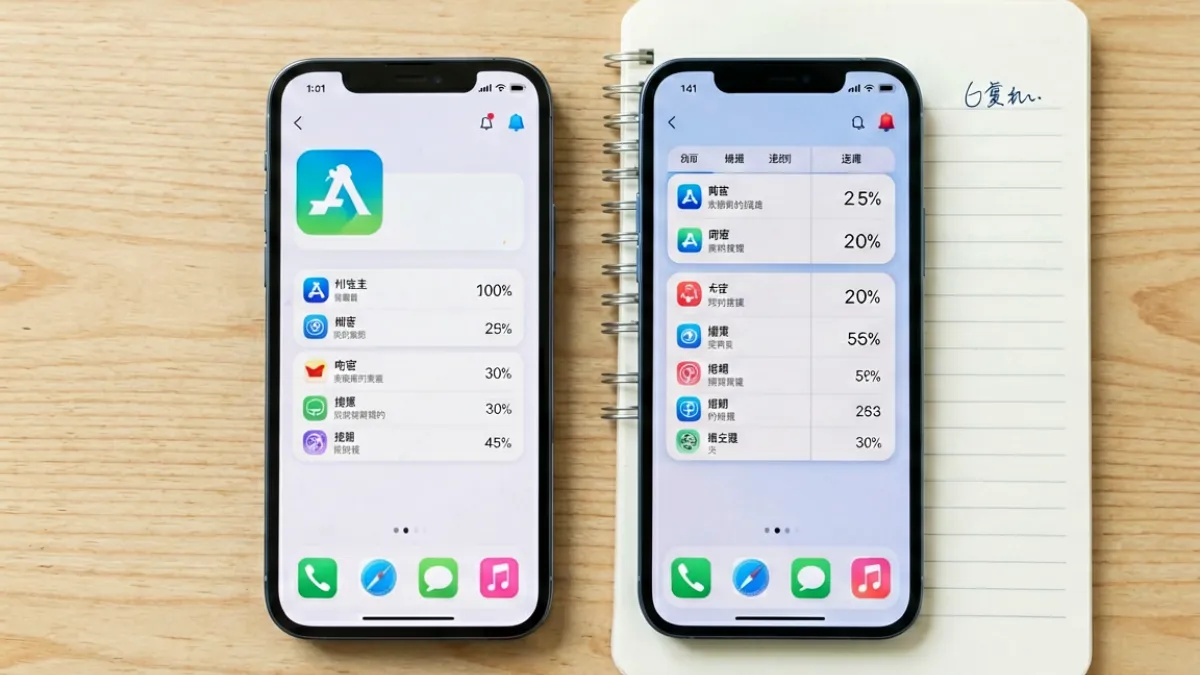绿巨人app用户测评场景：一位用户在手机屏幕前对比不同版本功能列表，桌面整洁、光线明亮