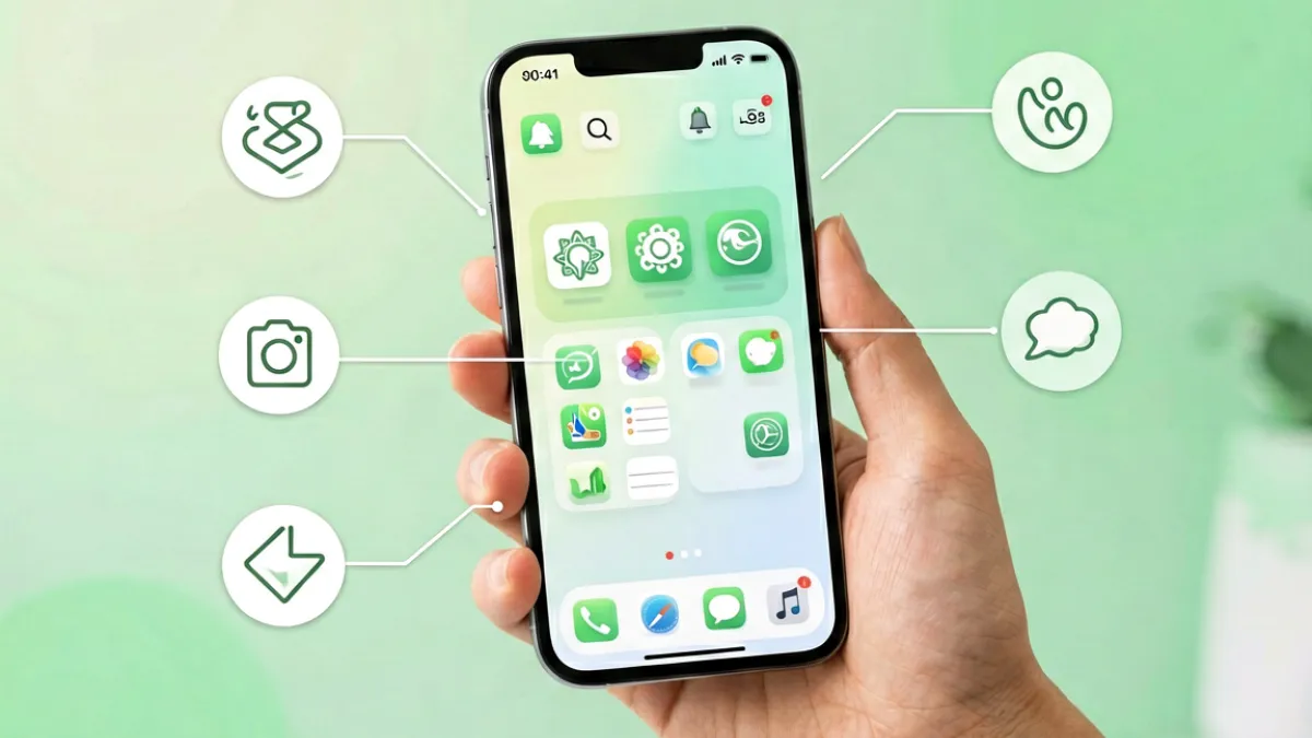 绿巨人app新手入门科普配图：手机屏幕展示应用首页界面，旁边有功能说明标注箭头，风格清晰简洁