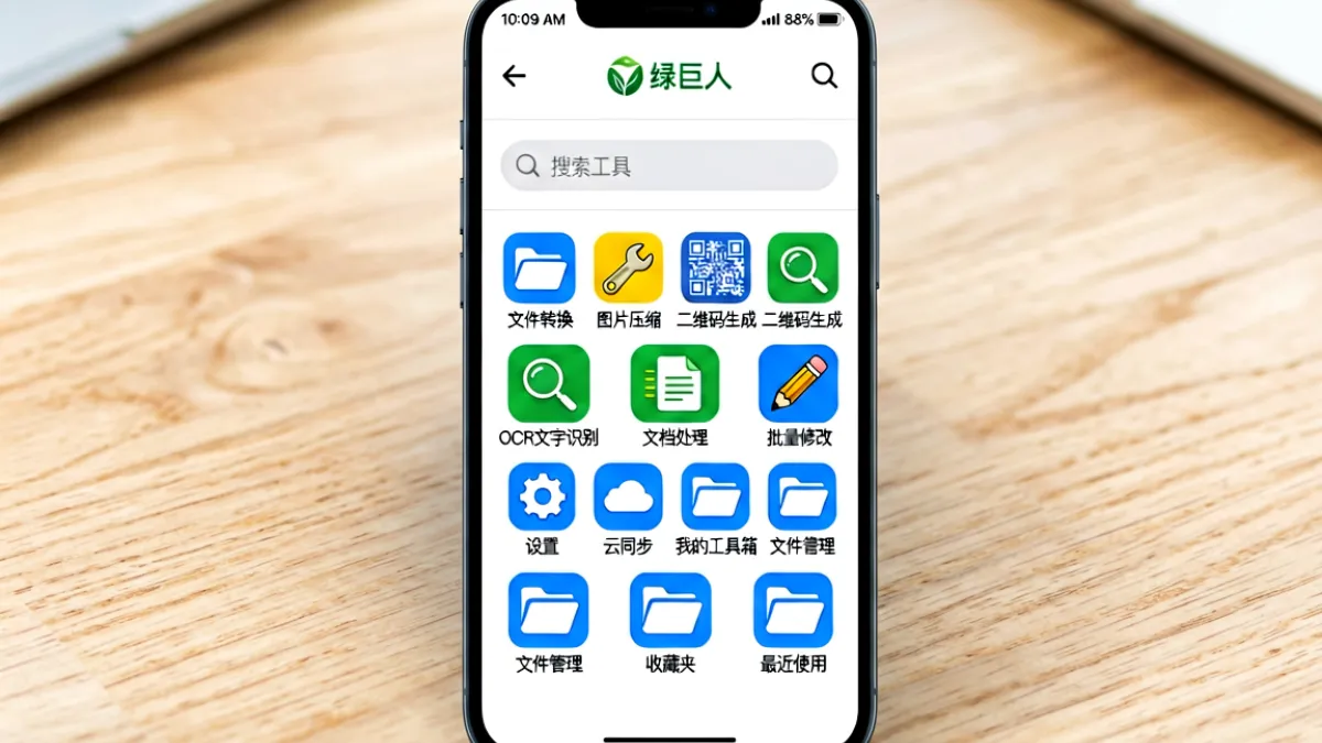 绿巨人app工具箱界面，展示文件转换、图片压缩、二维码生成等小工具的排列布局