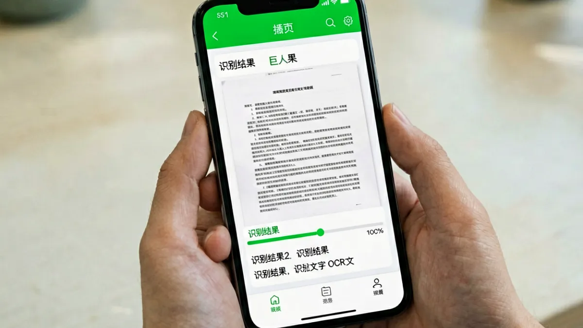 用户在手机上操作绿巨人app进行PDF文字识别的场景，手指点击工具箱中的OCR功能入口
